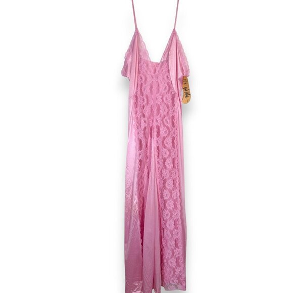 Vintage Val Mode Pink Lingerie Slip Dress Lace Satin Maxi Nightgown Summer Large - Picture 1 of 12